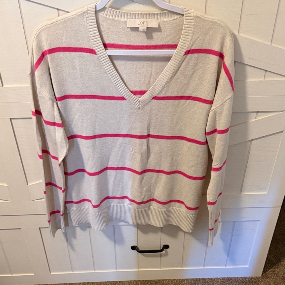 LOFT V-Neck Sweater in Cream and Pink Stripes